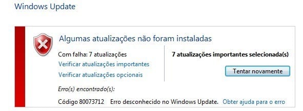 Windows 7 Erro desconhecido 80073712
