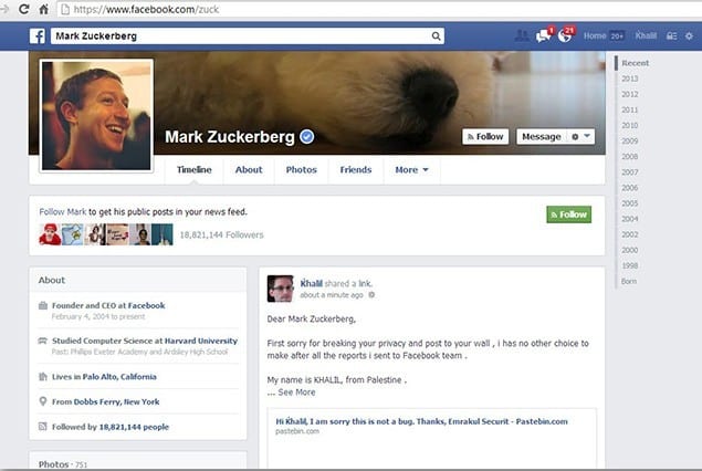 Imagem do Facebook de Mark Zuckerberg enquanto ainda exibia uma mensagem colocada irregularmente por um hacker