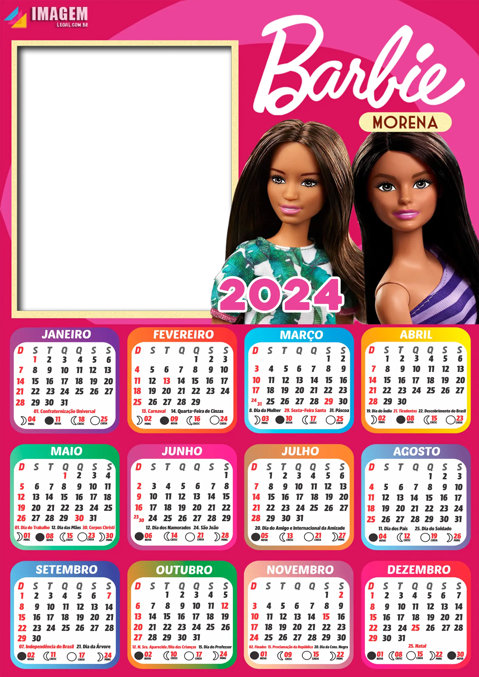 Calendario 2024 Barbie Morena Moldura PNG para Foto Montagem