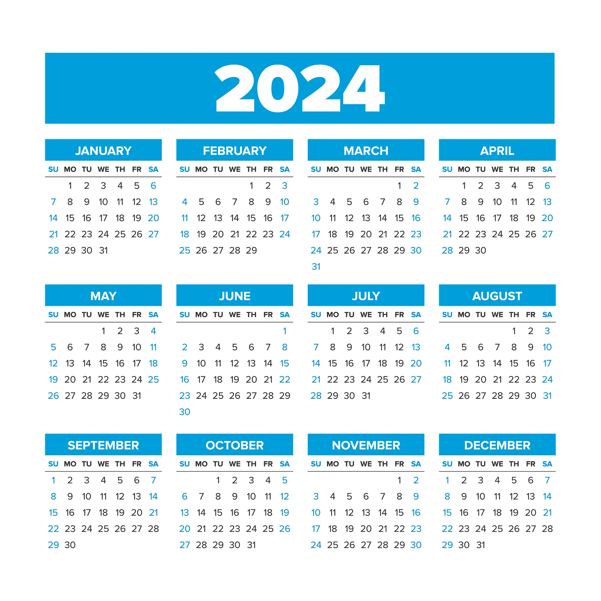 Calendário 2024 em Inglês 1